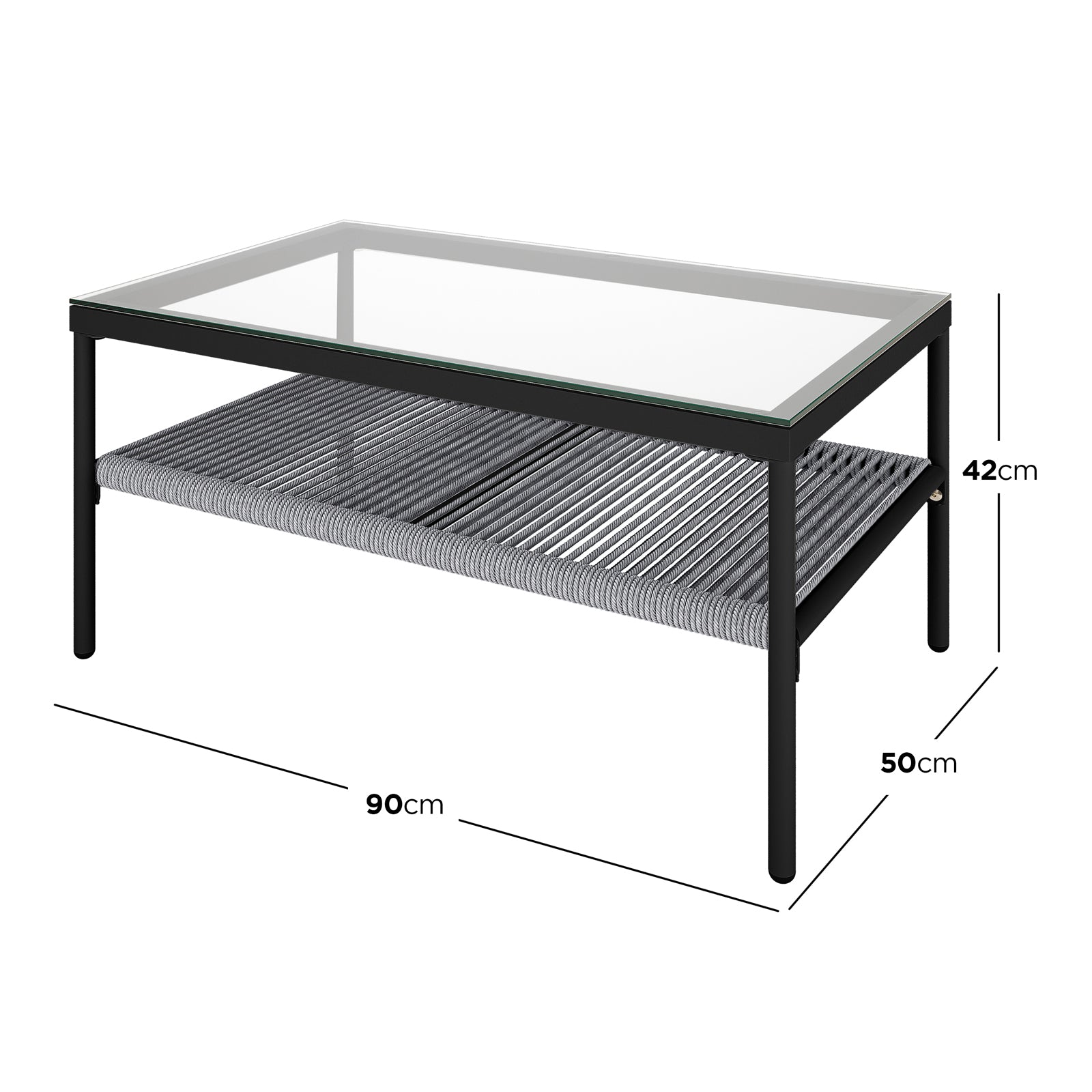 Brujas 4 Seater Wicker Outdoor Lounge Set in Grey features a rectangular coffee table with a clear glass top, black metal frame, and grey woven-rope shelf, measuring 90x50x42 cm.