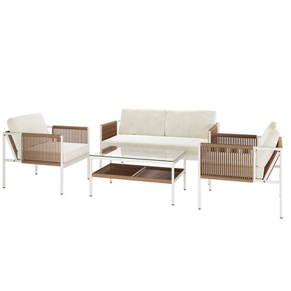 Brujas 4 Seater Wicker Outdoor Lounge Set in Light Beige features a three-seat sofa, two matching armchairs with woven sides, and a white-framed coffee table with a glass top.