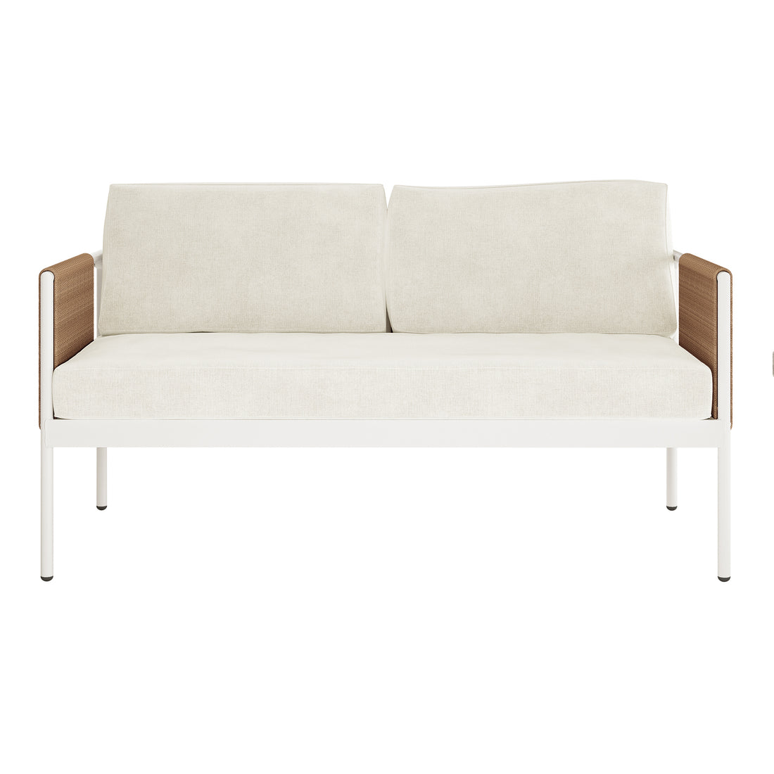 Brujas 4 Seater Wicker Outdoor Lounge Set in Light Beige, featuring a sleek white metal frame, cream cushions, and rattan-style wooden armrests, ideal for enhancing any outdoor seating area.