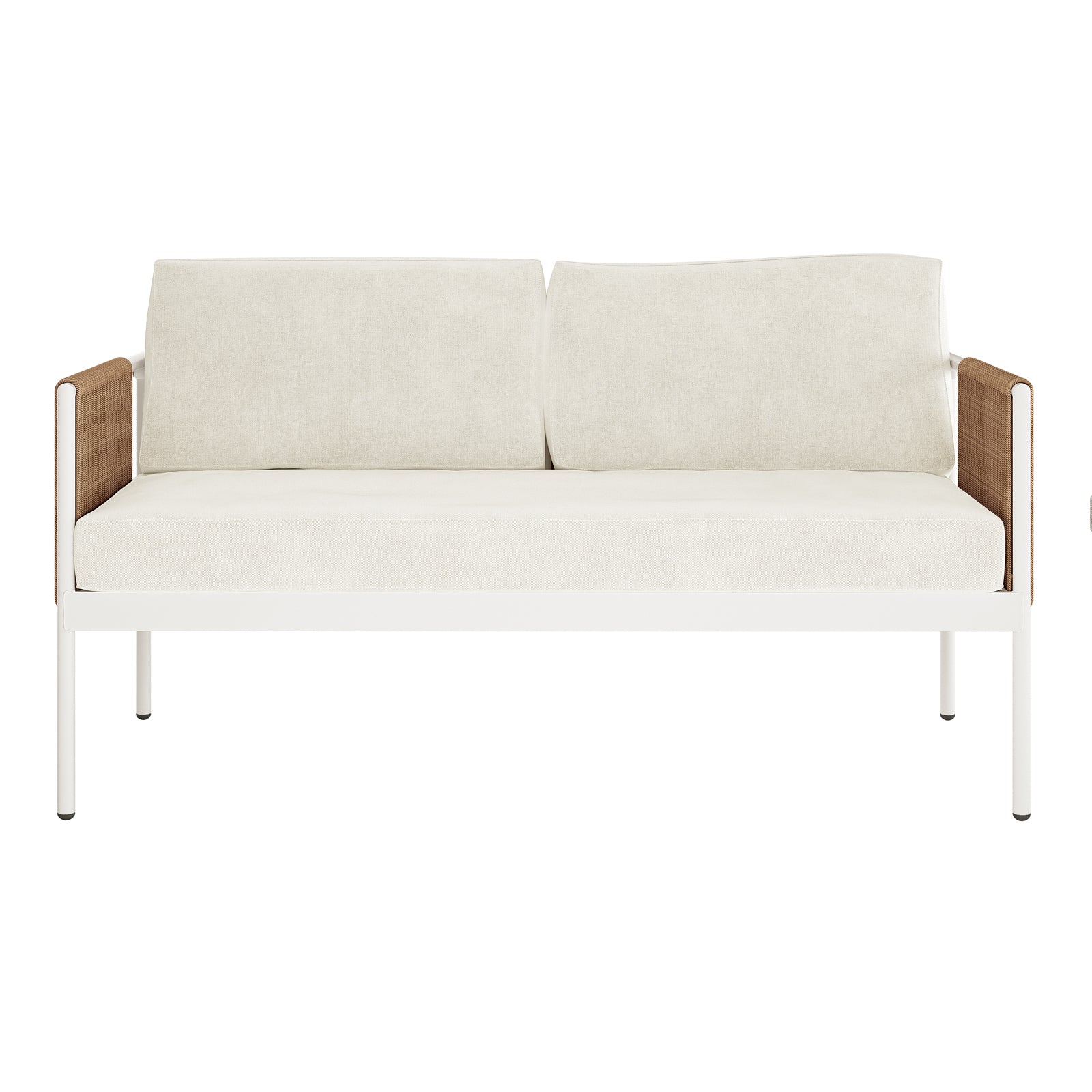 Brujas 4 Seater Wicker Outdoor Lounge Set in Light Beige, featuring a sleek white metal frame, cream cushions, and rattan-style wooden armrests, ideal for enhancing any outdoor seating area.