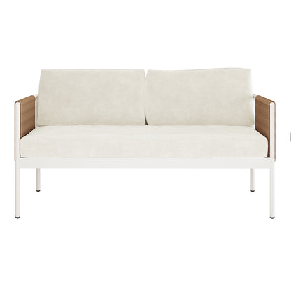 Brujas 4 Seater Wicker Outdoor Lounge Set in Light Beige, featuring a sleek white metal frame, cream cushions, and rattan-style wooden armrests, ideal for enhancing any outdoor seating area.