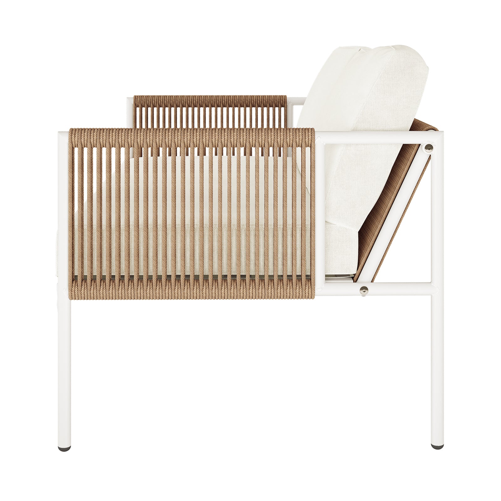 Brujas 4 Seater Wicker Outdoor Lounge Set in Light Beige features a modern armchair with a slim white metal frame, thick off-white cushions, and woven natural-tone rope panels for armrests and back support.