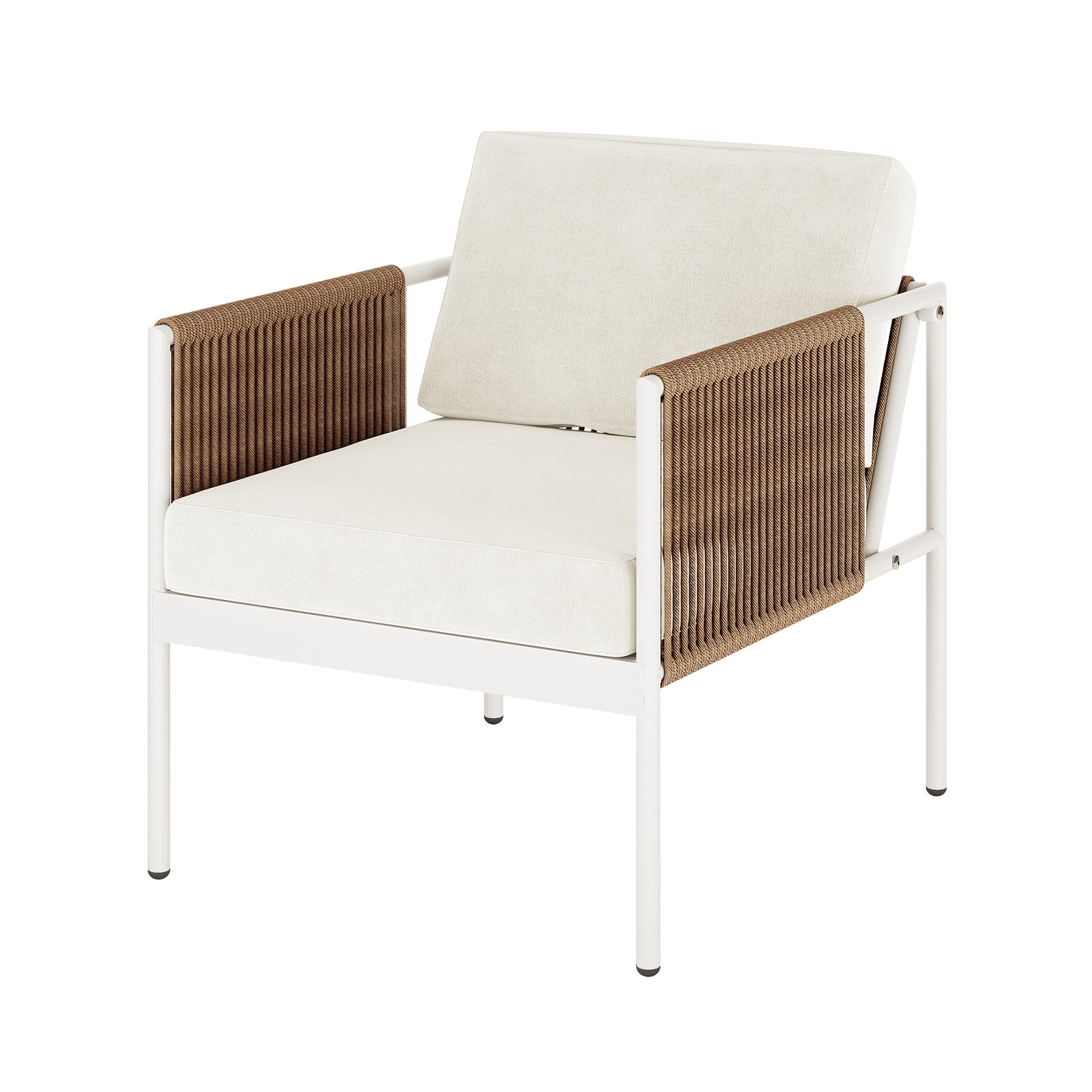 Single-seat armchair from the Brujas 4 Seater Wicker Outdoor Lounge Set in Light Beige, featuring a slender white metal frame, light-beige cushions, and brown cord-wrapped arm panels.