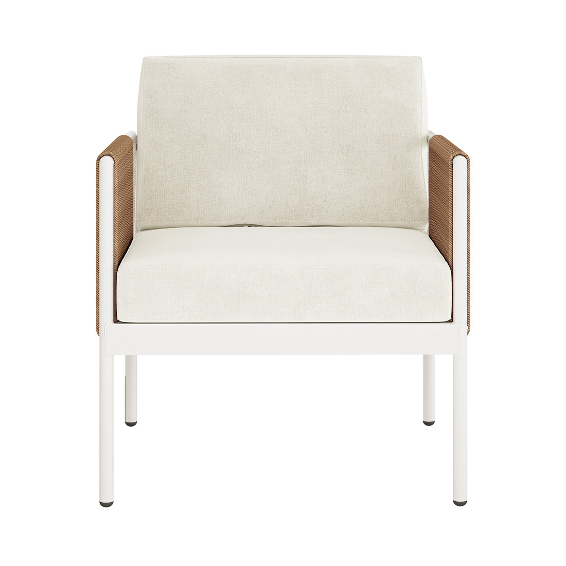 Brujas 4 Seater Wicker Outdoor Lounge Set in Light Beige features a modern armchair with a white metal frame, cream cushions, and brown woven panels inside the arms, showcasing contemporary elegance.