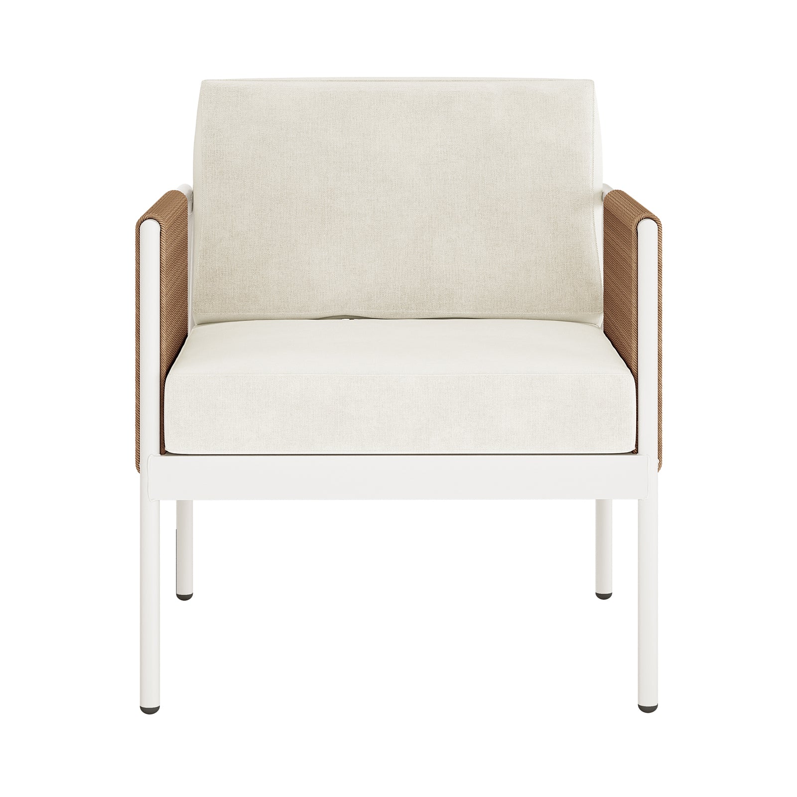 Brujas 4 Seater Wicker Outdoor Lounge Set in Light Beige features a modern armchair with a white metal frame, cream cushions, and brown woven panels inside the arms, showcasing contemporary elegance.