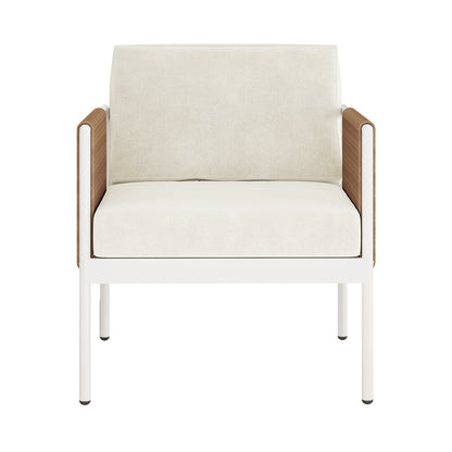 Brujas 4 Seater Wicker Outdoor Lounge Set in Light Beige features a modern armchair with a white metal frame, cream cushions, and brown woven panels inside the arms, showcasing contemporary elegance.