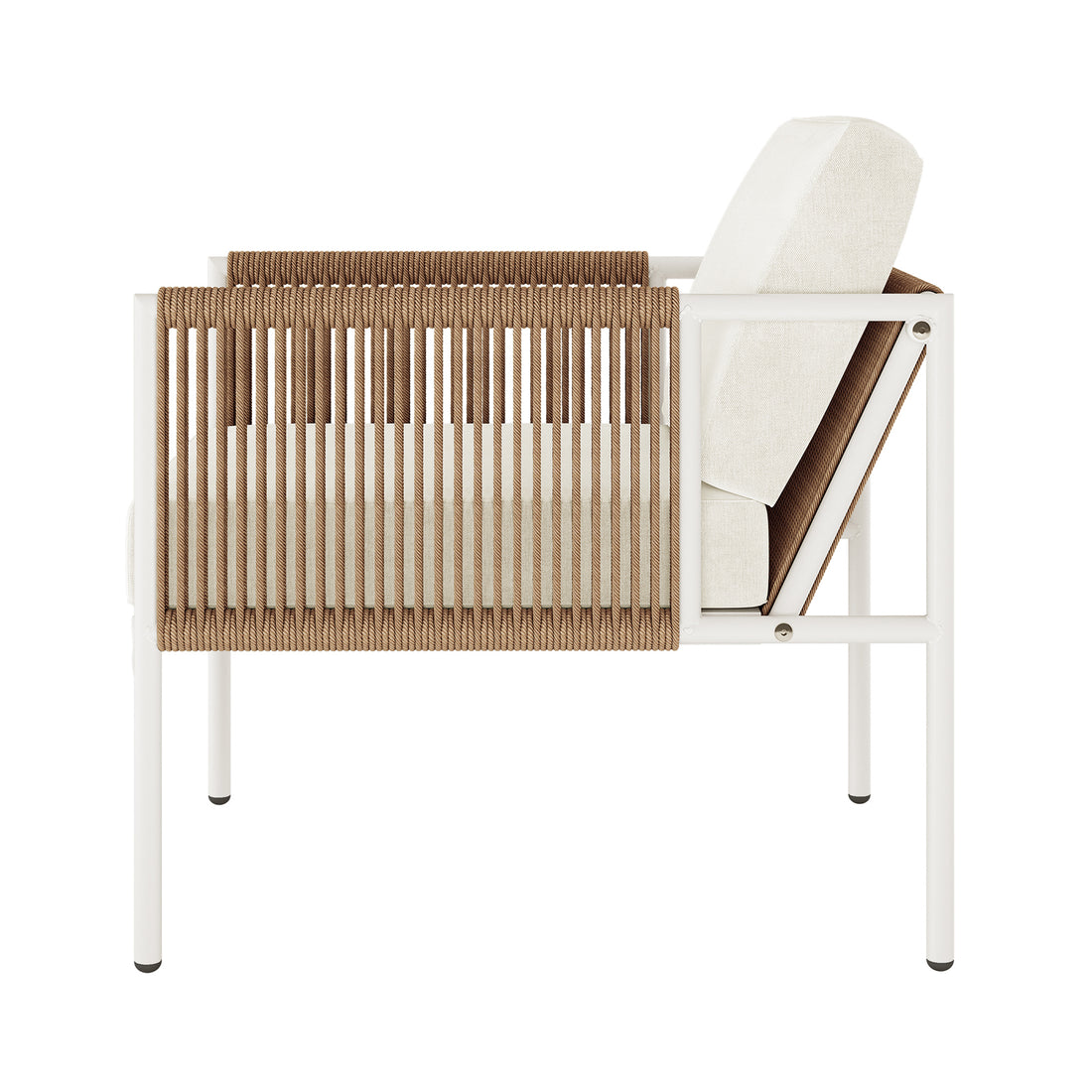 Brujas 4 Seater Wicker Outdoor Lounge Set in Light Beige features a modern chair with a white metal frame, tan rope-wrapped sides, and thick cream cushions, highlighting its contemporary indoor/outdoor appeal.