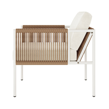 Brujas 4 Seater Wicker Outdoor Lounge Set in Light Beige features a modern chair with a white metal frame, tan rope-wrapped sides, and thick cream cushions, highlighting its contemporary indoor/outdoor appeal.