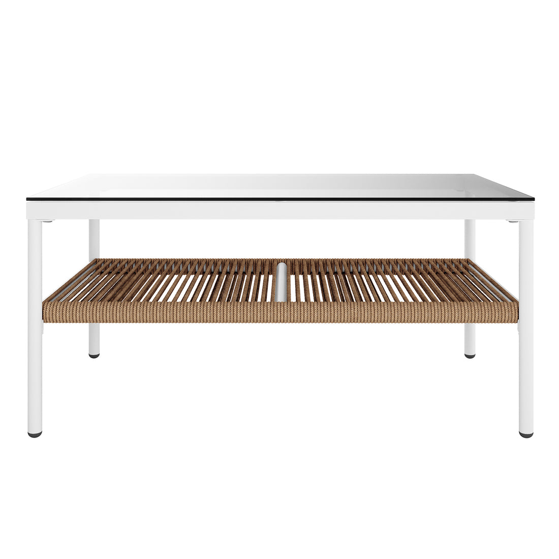 Brujas 4 Seater Wicker Outdoor Lounge Set in Light Beige features a rectangular coffee table with a clear glass top and white metal frame, complemented by a natural brown woven rope shelf underneath.