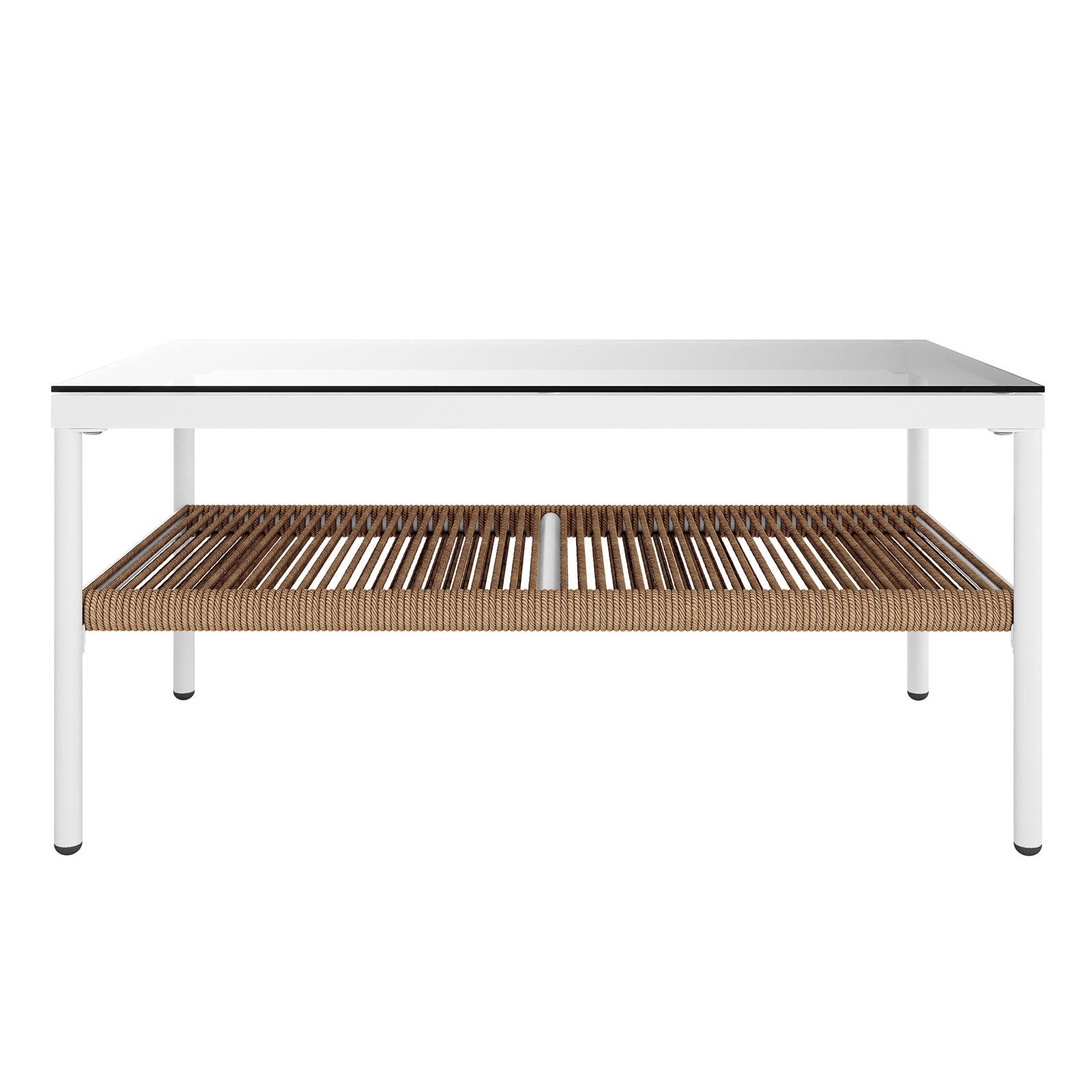 Brujas 4 Seater Wicker Outdoor Lounge Set in Light Beige features a rectangular coffee table with a clear glass top and white metal frame, complemented by a natural brown woven rope shelf underneath.