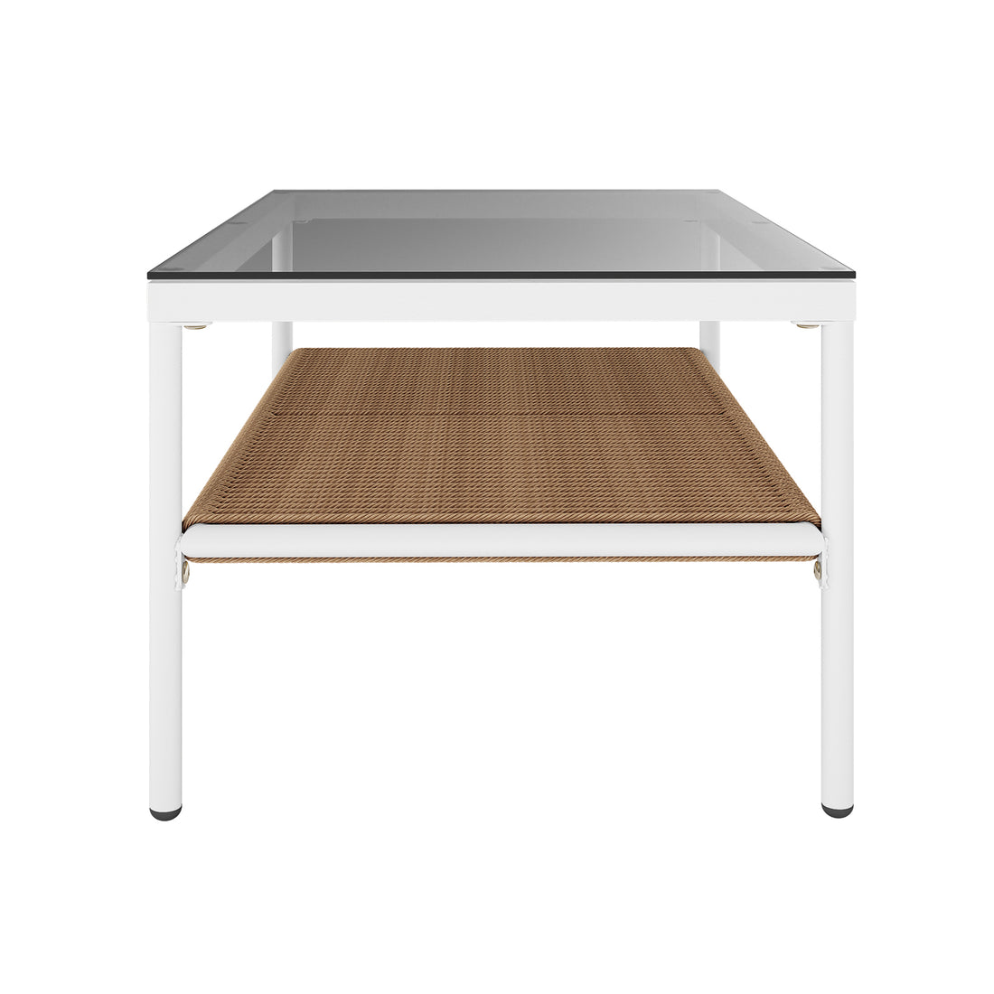 The Brujas 4 Seater Wicker Outdoor Lounge Set in Light Beige features a minimalist coffee table with a white metal frame, clear glass top, and woven rope shelf, perfect for covered outdoor spaces.