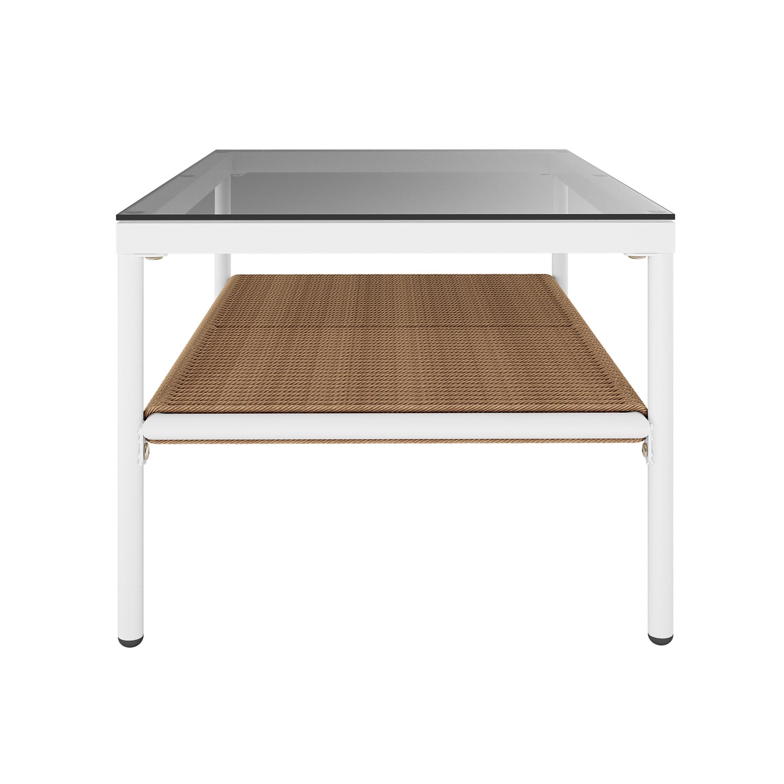 The Brujas 4 Seater Wicker Outdoor Lounge Set in Light Beige features a minimalist coffee table with a white metal frame, clear glass top, and woven rope shelf, perfect for covered outdoor spaces.