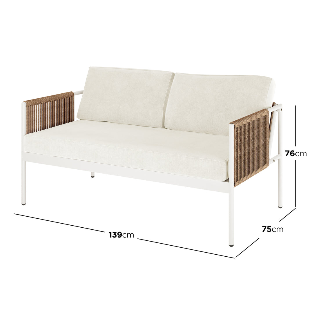 Brujas 4 Seater Wicker Outdoor Lounge Set in Light Beige features a sleek white-powder-coated metal frame with woven-rope arm panels, complemented by off-white cushions for a stylish outdoor seating solution.
