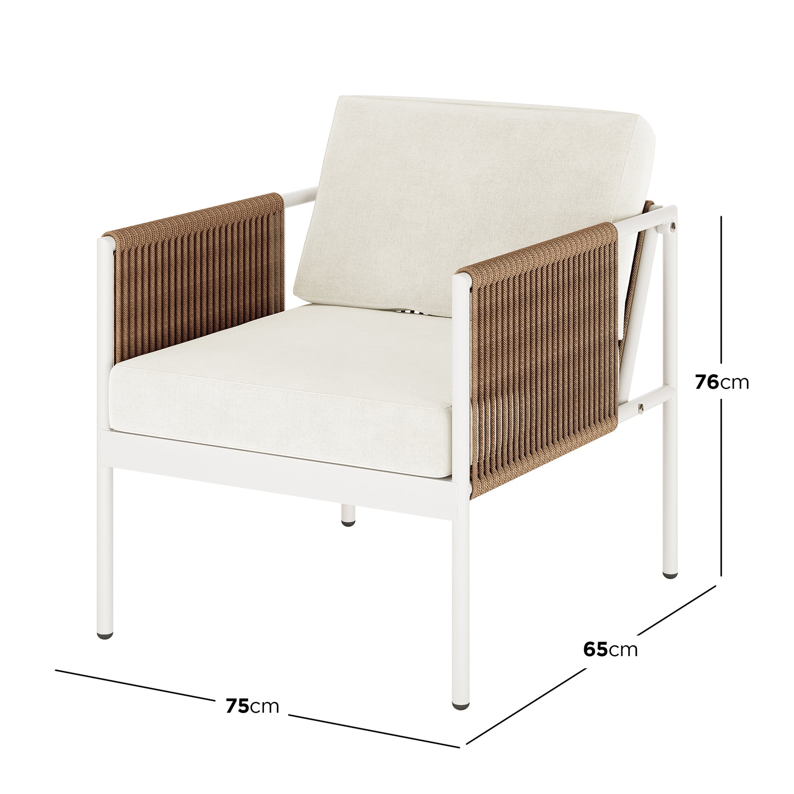 Brujas 4 Seater Wicker Outdoor Lounge Set in Light Beige featuring a modern armchair with a white metal frame, tan rope-wrapped arms, and off-white cushions, measuring 75x65x76cm.