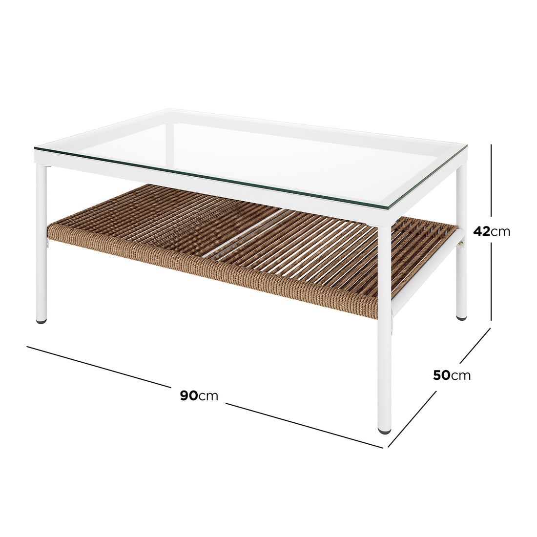 Brujas 4 Seater Wicker Outdoor Lounge Set in Light Beige includes a small, rectangular coffee table with a white metal frame, clear glass top, and natural woven-rope shelf, dimensions 90x50x42 cm.