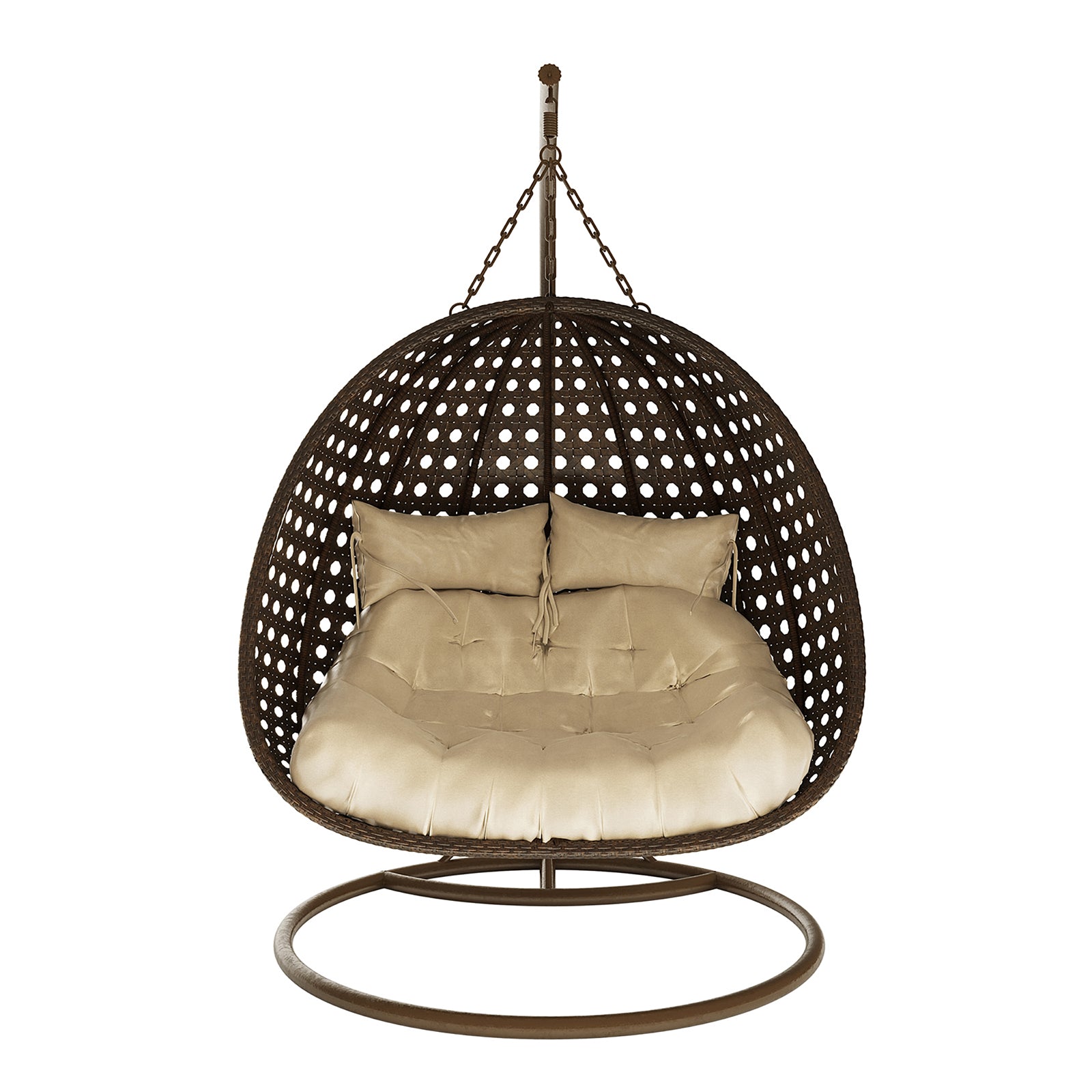 Buena 2 Person Wicker Outdoor Hanging Egg Chair in Brown features a freestanding, egg-shaped design with dark brown woven rattan, plush beige cushions, and a sturdy metal frame, ideal for relaxing.