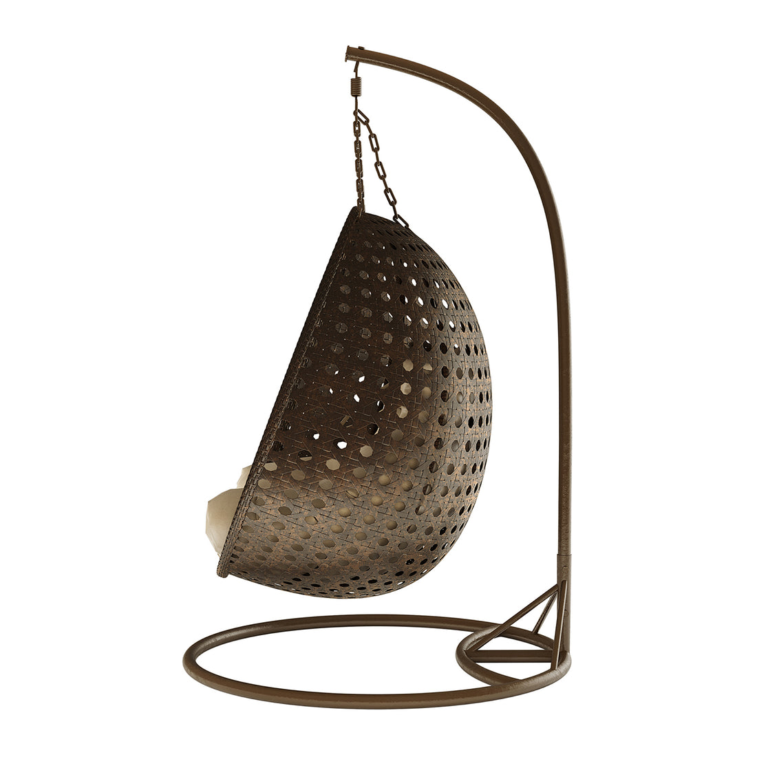 Buena 2 Person Wicker Outdoor Hanging Egg Chair in Brown, featuring a perforated egg-shaped design with plush light-colored cushions, suspended from a curved metal frame, perfect for outdoor relaxation.