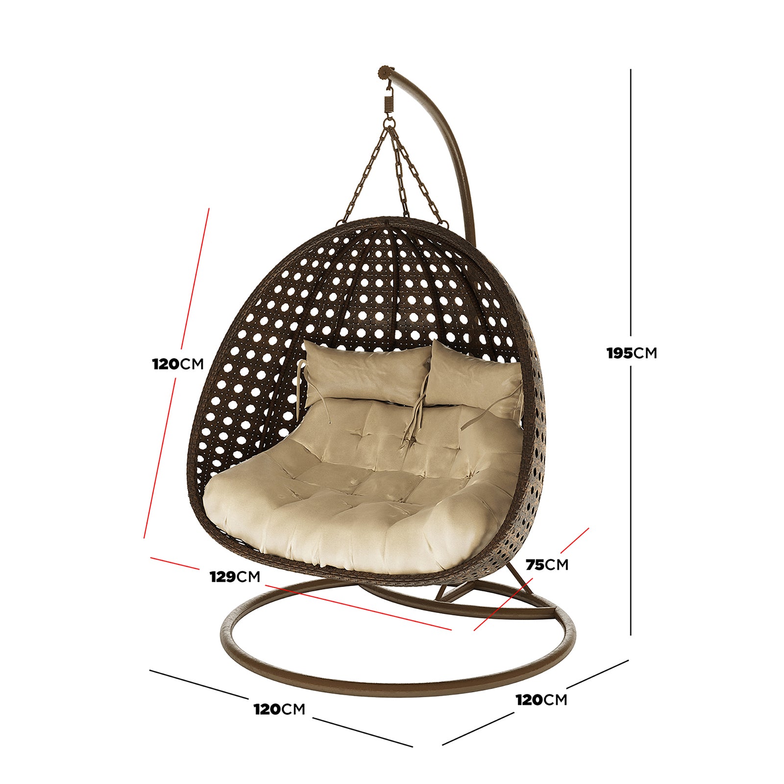 Buena 2 Person Wicker Outdoor Hanging Egg Chair in Brown features a woven shell with tufted cushions on a circular base, ideal for indoor or patio lounging.