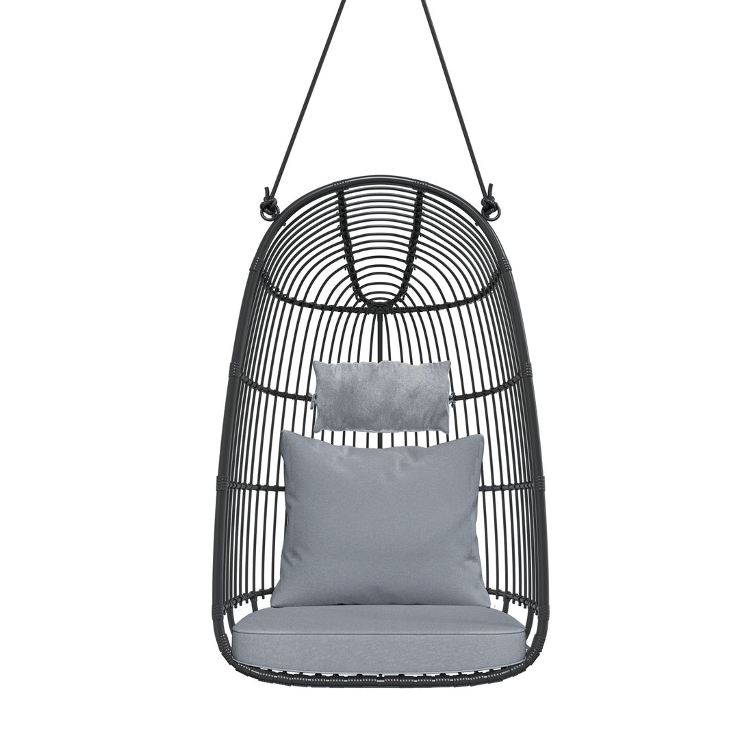 Burias Rattan Basket Outdoor Egg Chair with Rope in Black; a modern hanging chair with an open, curved wicker-style frame and two gray cushions for comfort.