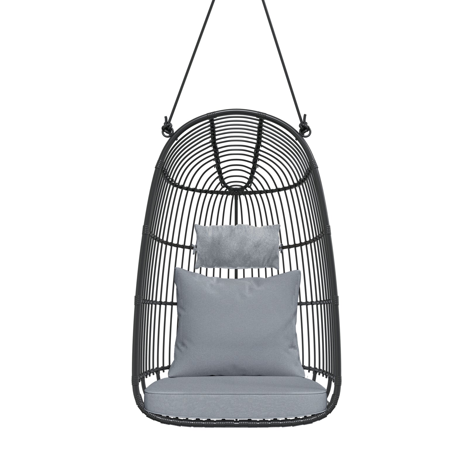 Burias Rattan Basket Outdoor Egg Chair with Rope in Black; a modern hanging chair with an open, curved wicker-style frame and two gray cushions for comfort.