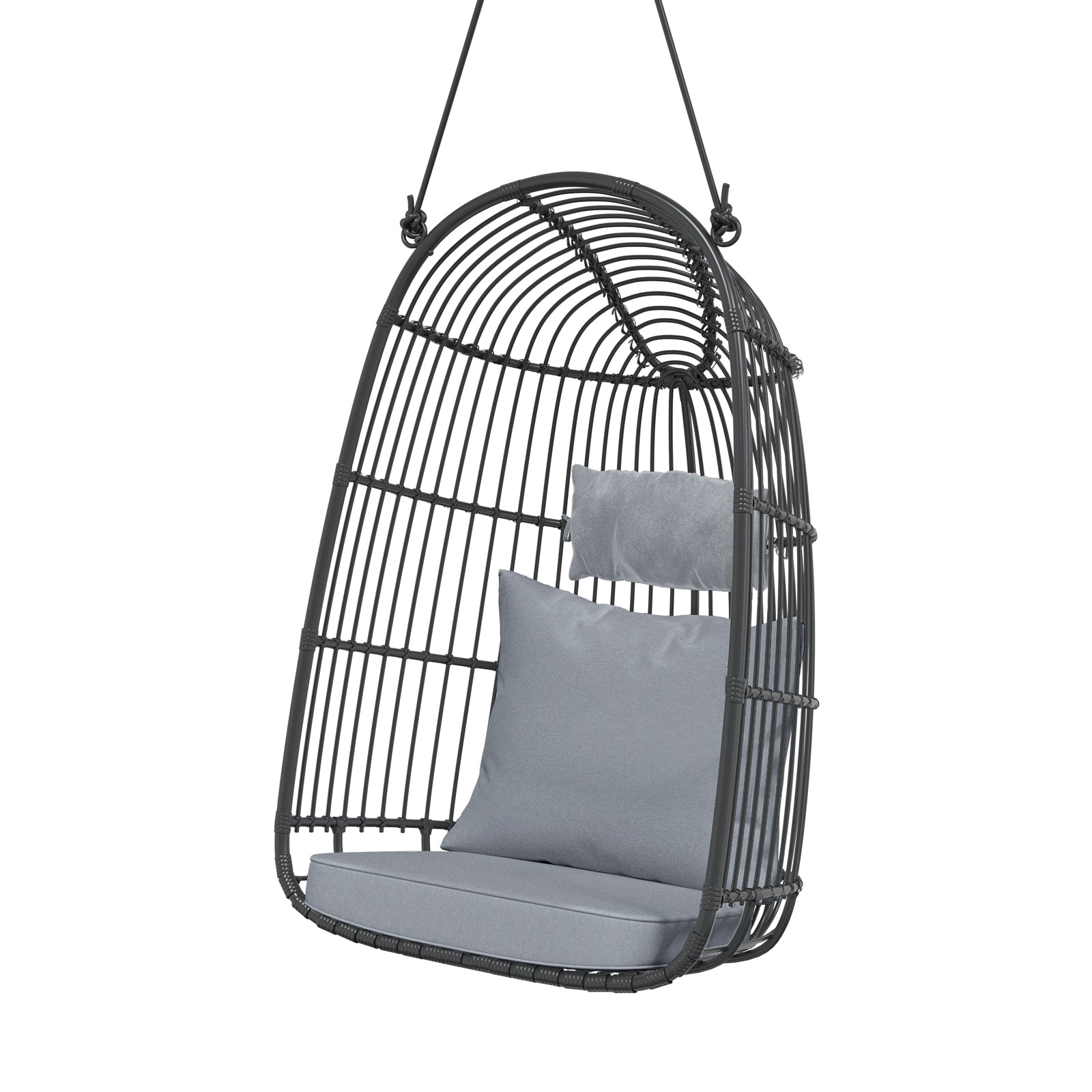 Burias Rattan Basket Outdoor Egg Chair with Rope in Black, featuring a teardrop-shaped, open-weave frame, thick seat cushion, large back cushion, and smaller head pillow, perfect for patios or indoor relaxation.