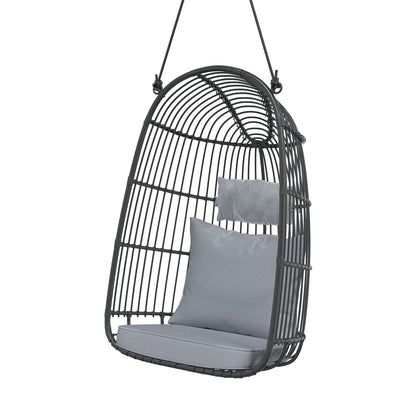 Burias Rattan Basket Outdoor Egg Chair with Rope in Black, featuring a teardrop-shaped, open-weave frame, thick seat cushion, large back cushion, and smaller head pillow, perfect for patios or indoor relaxation.