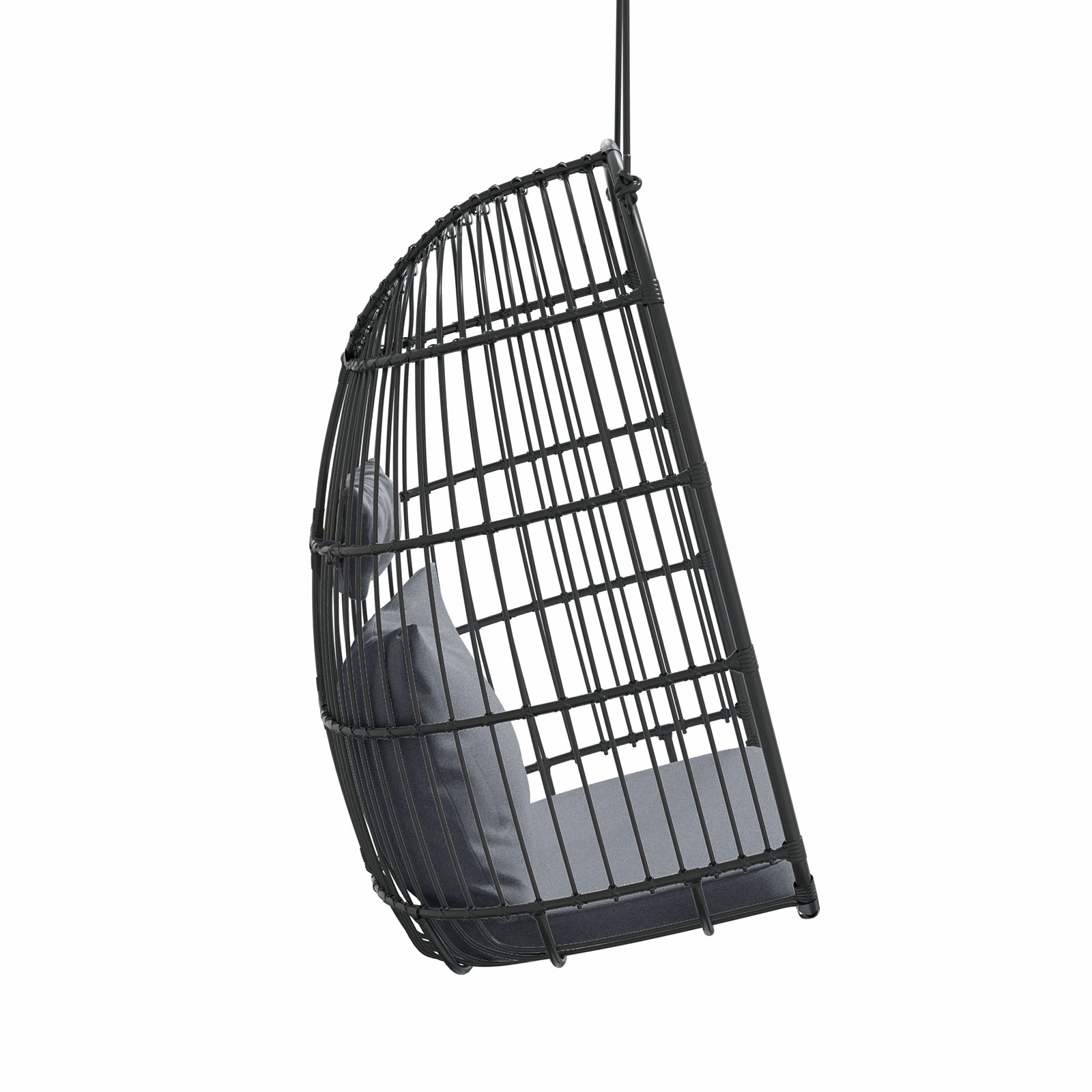 Burias Rattan Basket Outdoor Egg Chair with Rope in Black, featuring a suspended cage-like frame with a seat and back cushion, designed for patio or indoor use, offering comfort and style.