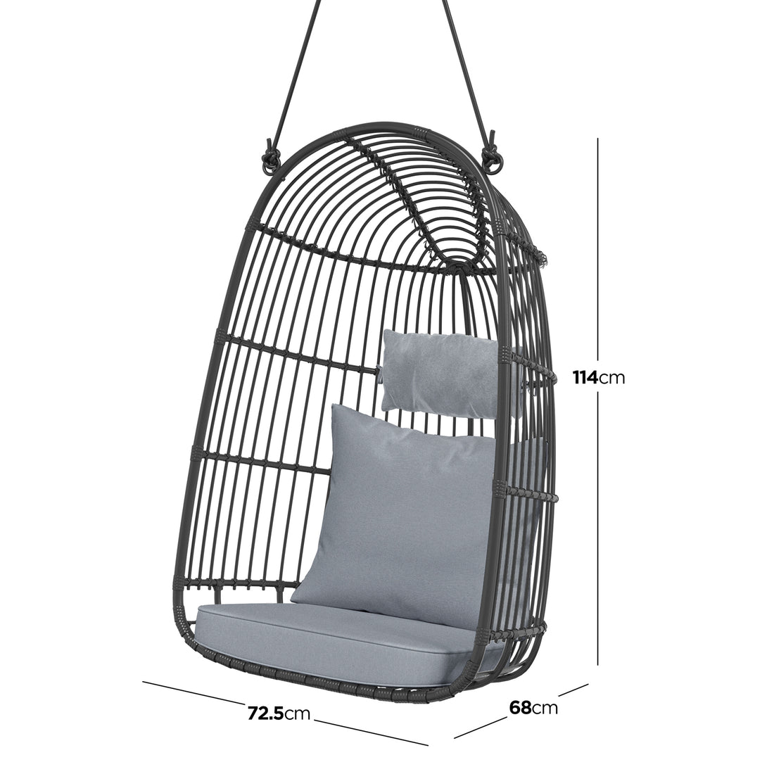 Burias Rattan Basket Outdoor Egg Chair with Rope in Black, featuring a dark rattan frame, thick gray/blue cushions, and a compact design, ideal for stylish outdoor relaxation.