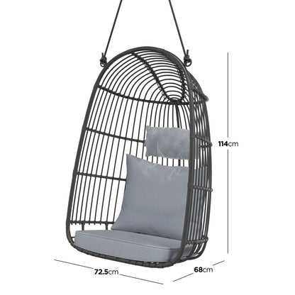 Burias Rattan Basket Outdoor Egg Chair with Rope in Black, featuring a dark rattan frame, thick gray/blue cushions, and a compact design, ideal for stylish outdoor relaxation.