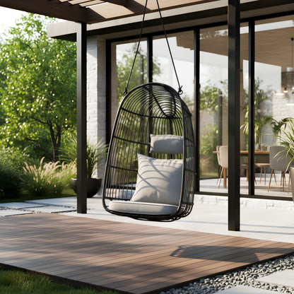 Burias Rattan Basket Outdoor Egg Chair with Rope in Black