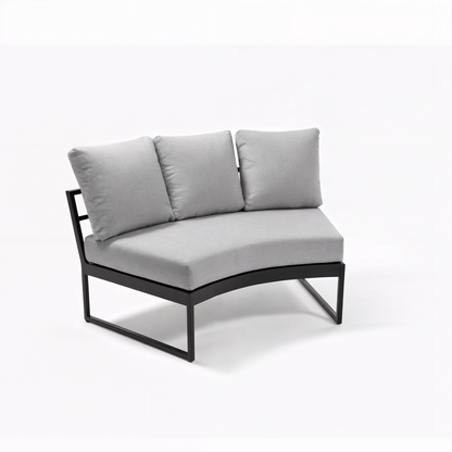 Callanna 5-Seater Curved Outdoor Lounge Set in Dark Grey, featuring a section with light gray cushioned seating and a minimalist black powder-coated metal frame, perfect for stylish, modern indoor or outdoor settings.