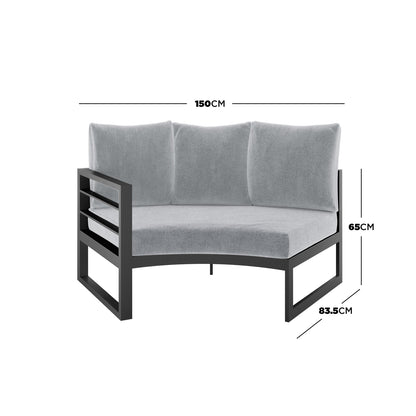 Callanna 5-Seater Round Modular Aluminium Outdoor Lounge Set Dark Grey, featuring a close-up of luxe woven fabric cushions and a sturdy, sleek aluminium frame, highlighting its modern outdoor design.