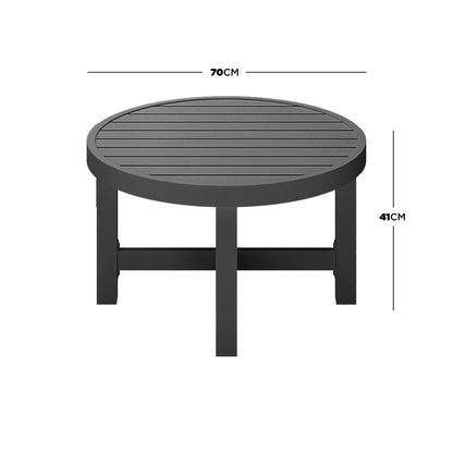 Callanna 5-Seater Round Modular Aluminium Outdoor Lounge Set Dark Grey featuring a sleek round black table and modular seating with plush cushions, perfect for stylish outdoor relaxation.
