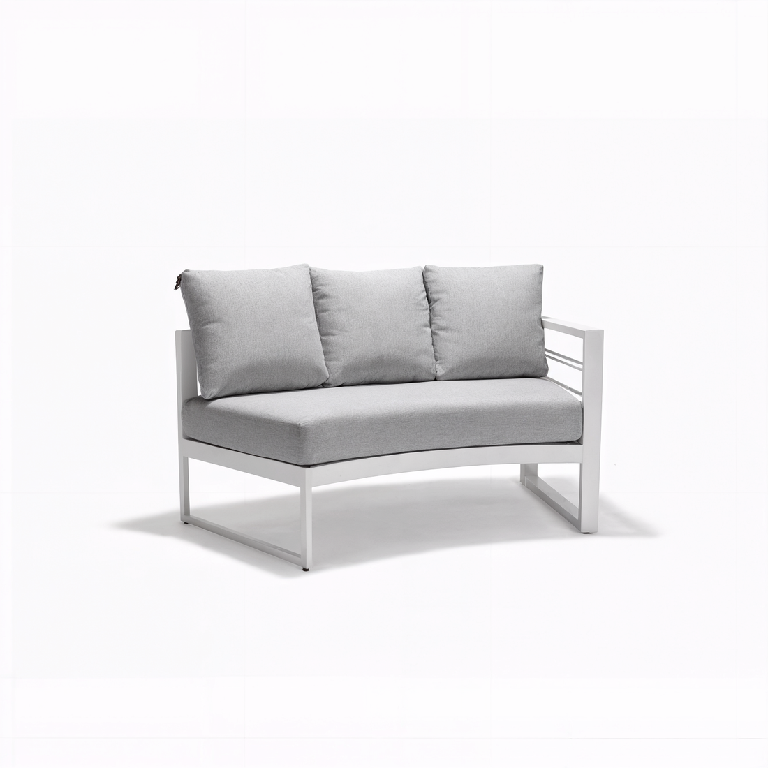 Callanna 5-Seater Round Outdoor Lounge Set in White features a modern, angular design with a white metal frame, light-gray seat, and back cushions, ideal for versatile indoor or outdoor arrangements.
