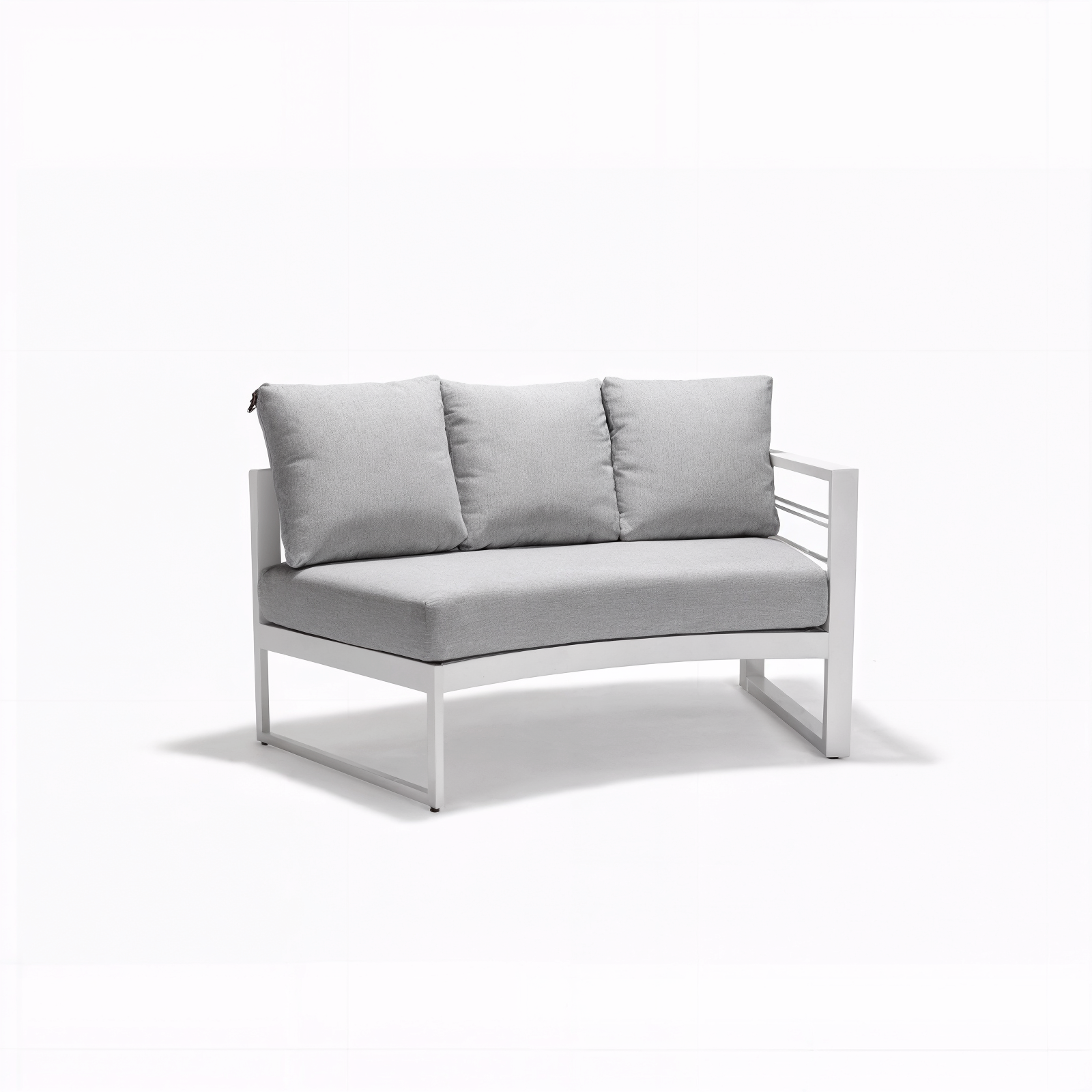 Callanna 5-Seater Round Outdoor Lounge Set in White features a modern, angular design with a white metal frame, light-gray seat, and back cushions, ideal for versatile indoor or outdoor arrangements.