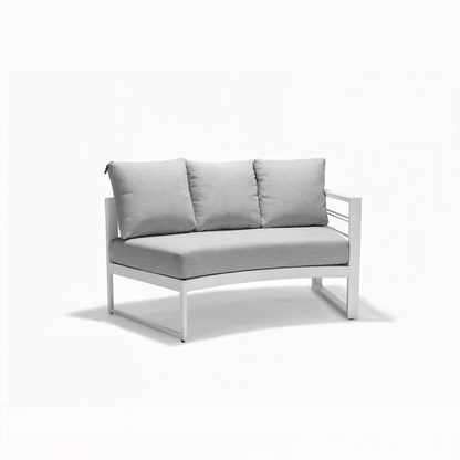 Callanna 5-Seater Round Outdoor Lounge Set in White features a modern, angular design with a white metal frame, light-gray seat, and back cushions, ideal for versatile indoor or outdoor arrangements.