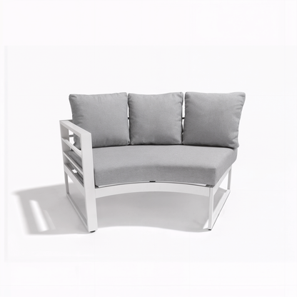 Callanna 5 Seater Round Outdoor Lounge Set in White, showcasing a modern curved-corner design with a white metal frame and grey upholstered cushions, ideal for stylish and comfortable outdoor lounging.