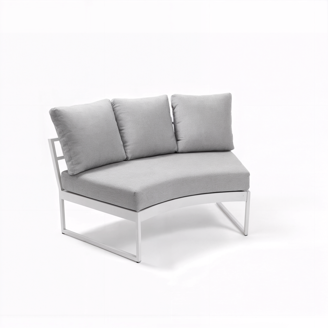Callanna 5-Seater Round Outdoor Lounge Set in White features a curved-corner module with a white metal frame, contoured light gray seat cushion, and three matching loose back cushions, showcasing modern design and comfort.