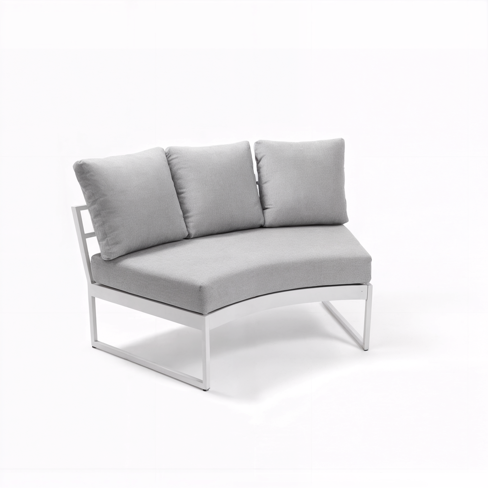 Callanna 5-Seater Round Outdoor Lounge Set in White features a curved-corner module with a white metal frame, contoured light gray seat cushion, and three matching loose back cushions, showcasing modern design and comfort.