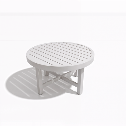 Callanna 5-Seater Round Outdoor Lounge Set in White featuring a sleek, slatted-top coffee table with four legs and cross-bracing, set against a plain white background, showcasing modern outdoor elegance.