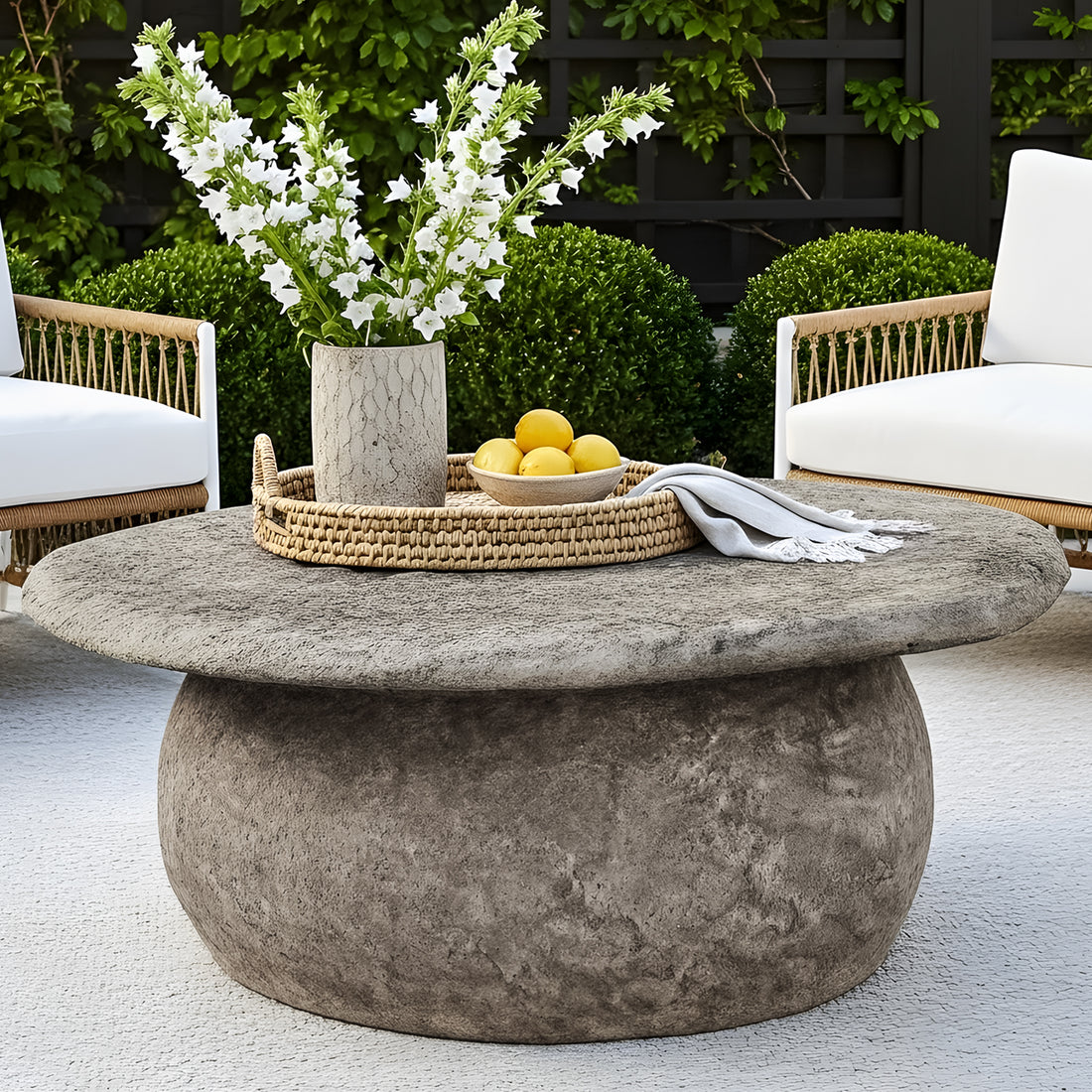Cam Textured Round Outdoor Concrete Coffee Table in Stone
