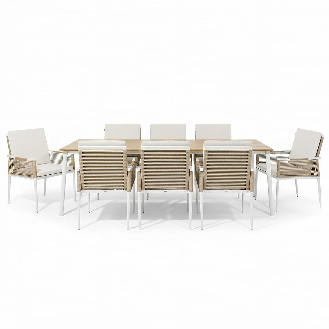Casara 9 Piece Outdoor Dining Set in White and Beige features a light-wood table with white metal legs, six side chairs, and two armchairs with beige rope-woven backs and cushioned seats.