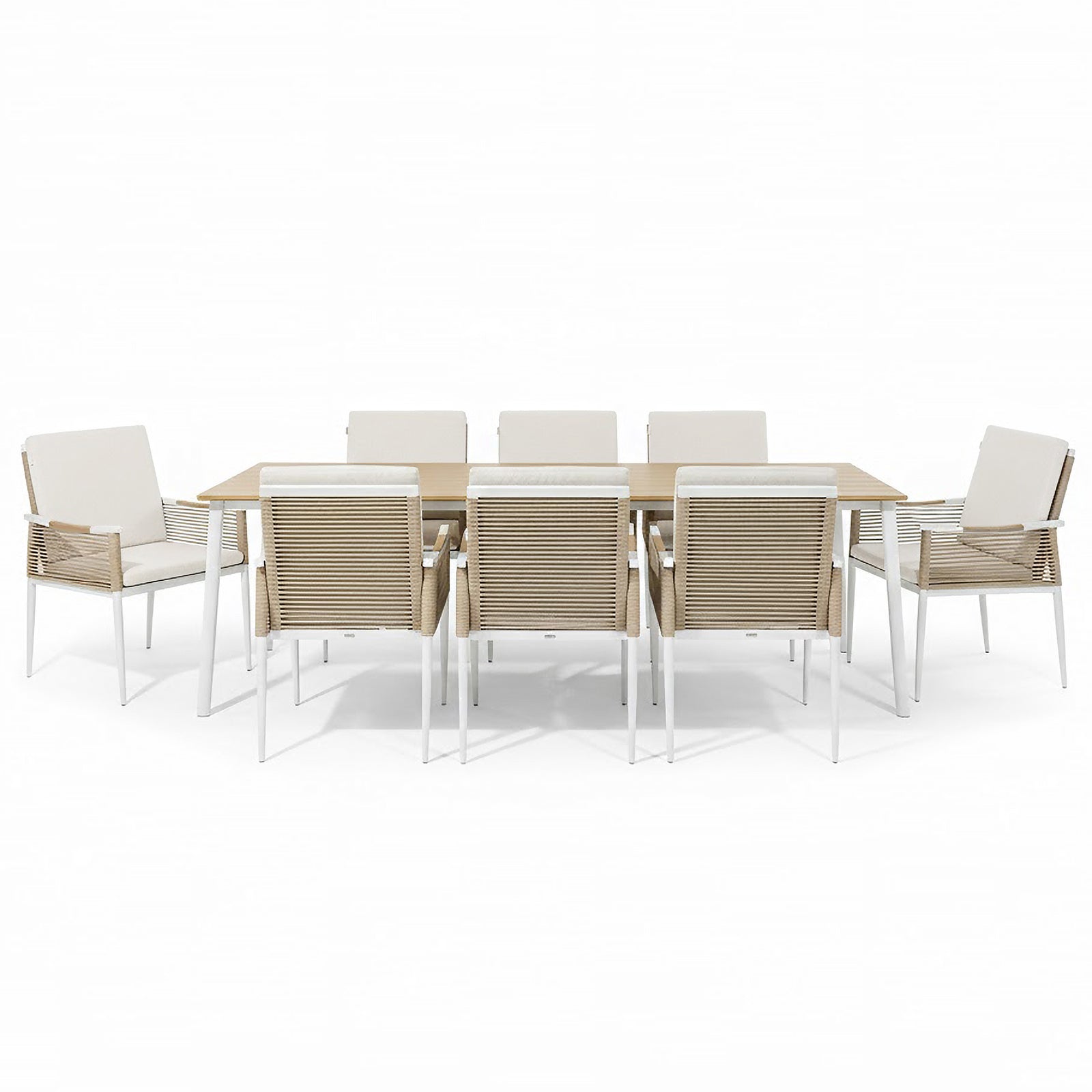 Casara 9 Piece Outdoor Dining Set in White and Beige features a light-wood table with white metal legs, six side chairs, and two armchairs with beige rope-woven backs and cushioned seats.