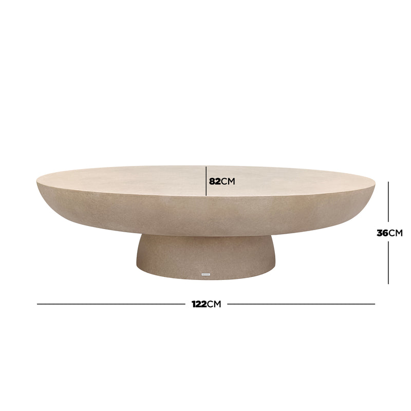 Cassius oval outdoor concrete coffee table in ivory with dimensions 122cm x 82cm x 36cm