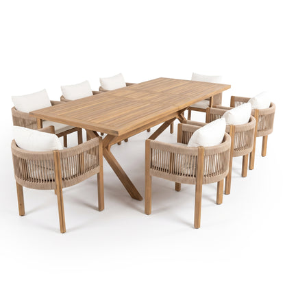 Dining table with eight chairs on a white background