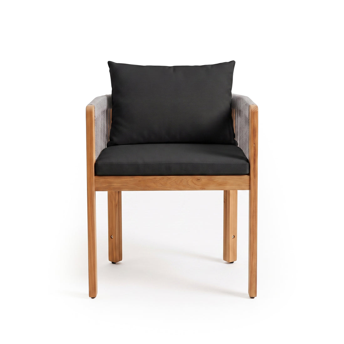 Modern wooden chair with black cushions on a white background, front view
