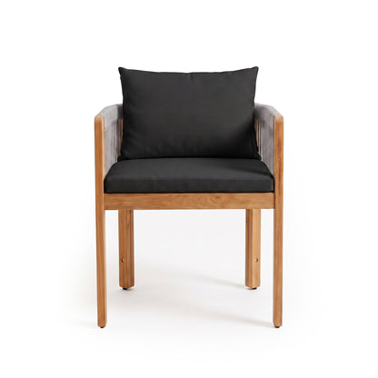 Modern wooden chair with black cushions on a white background, front view