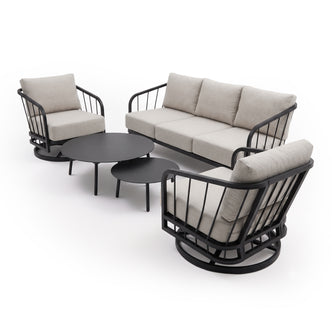 Modern outdoor furniture set with sofa, armchairs, and coffee tables on a white background