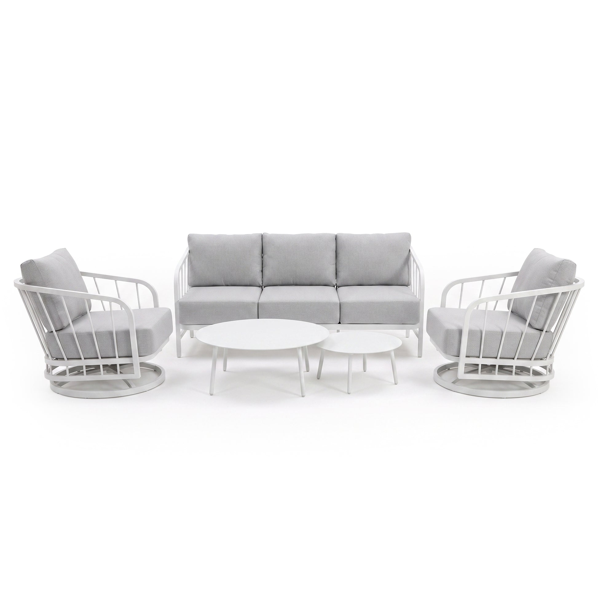 Full outdoor lounge set with sofa, armchairs, and round coffee tables on a white background