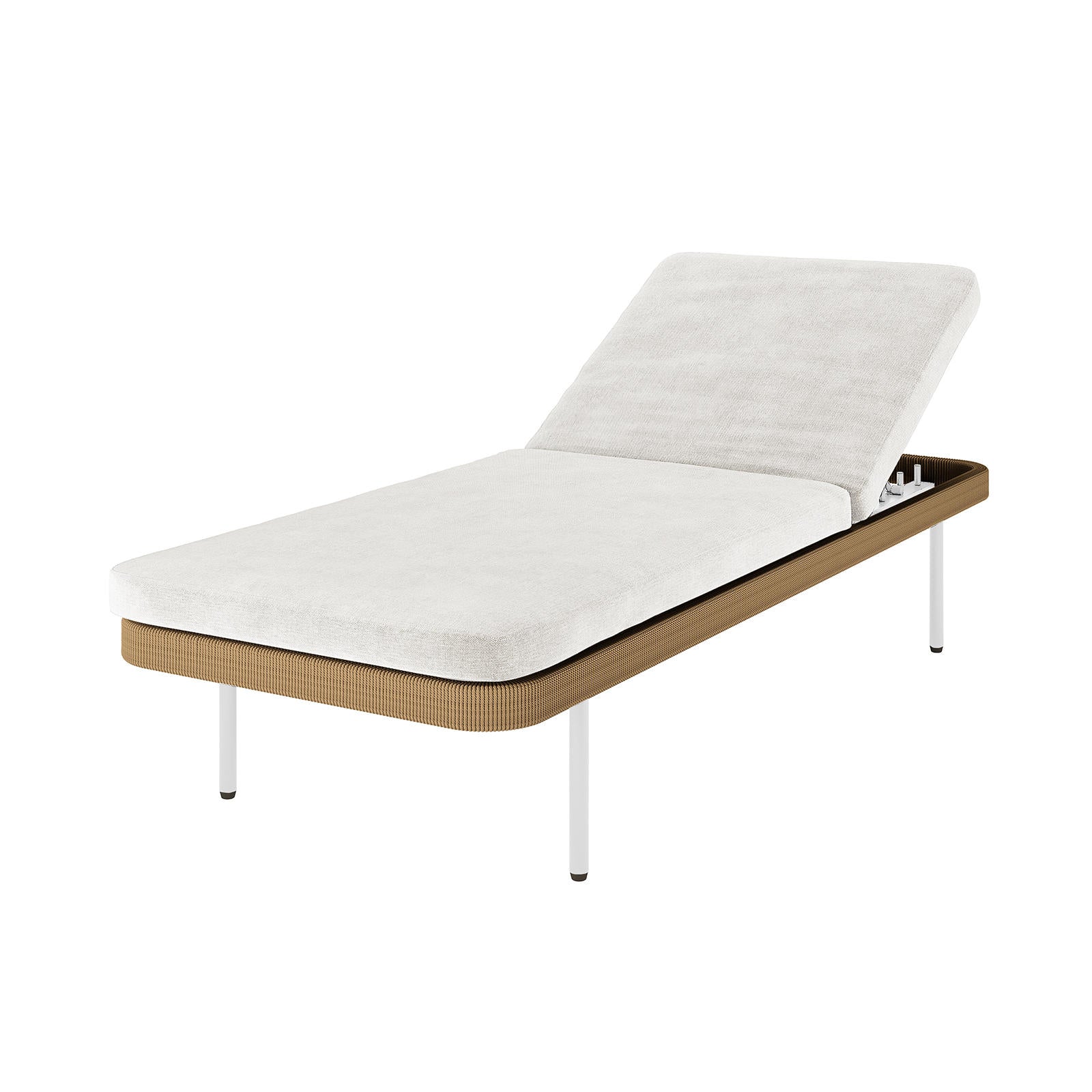 Culion Wicker & Aluminium Outdoor Sun Lounger in Light Beige features a modern design with an adjustable backrest, slim brown-wrapped frame, slender white metal legs, and plush white cushion for luxurious relaxation.
